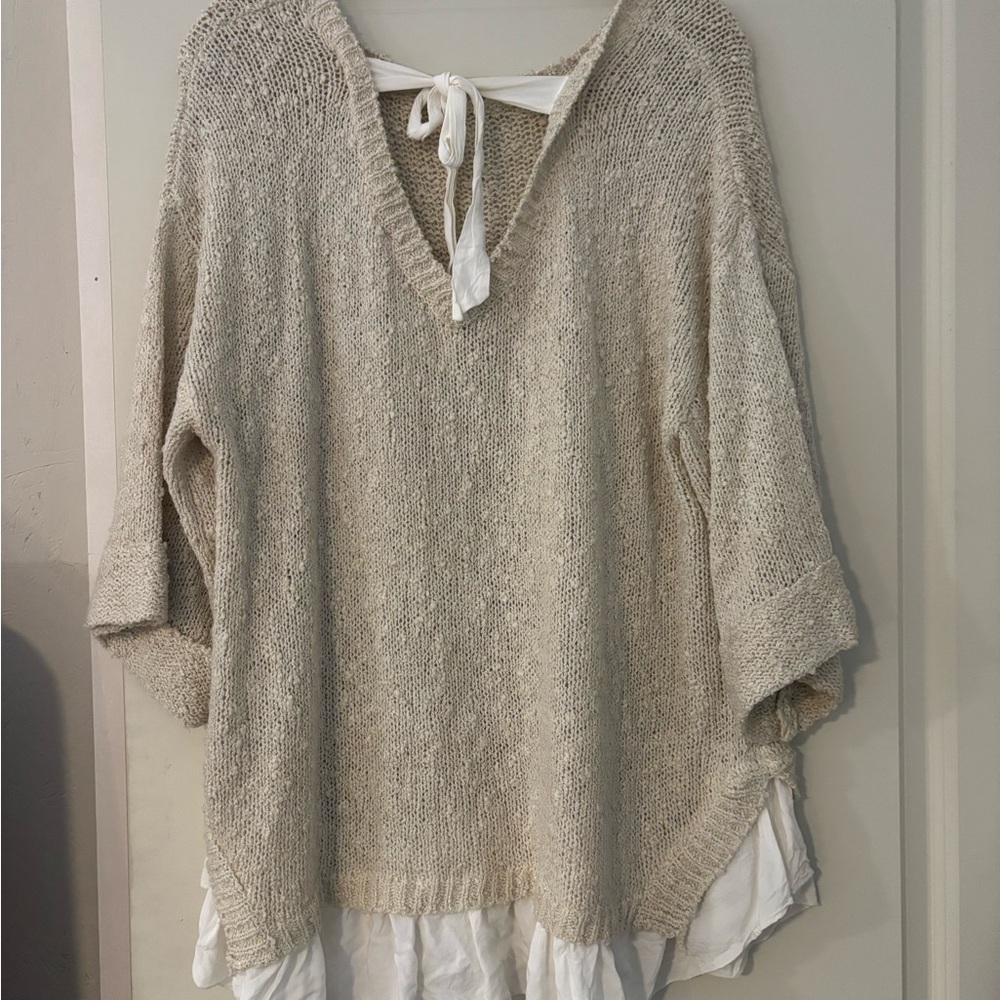 Beige Knit Sweater with White Layered Hem